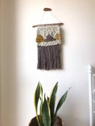 Handmade Woven Wall Hanging Tapestry Weaving, Wool Brown Gold Beige Cream Neutral Driftwood Boho Chic Decor Medium