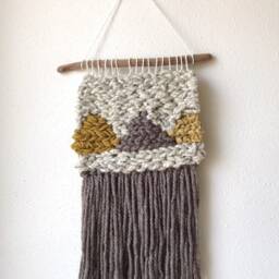 Handmade Woven Wall Hanging Tapestry Weaving, Wool Brown Gold Beige Cream Neutral Driftwood Boho Chic Decor Medium - thumbnail 2