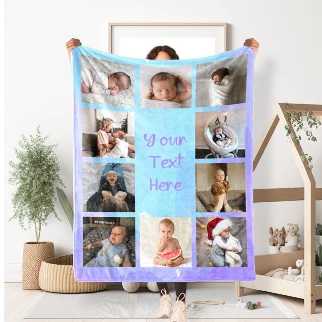 Personalized Baby Photo Blanket Collage, Baby Blanket, Picture With Text, Memorial Birth Gift - image 1