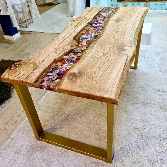 Living Room Dining Table, Floral Design Epoxy Resin River Table Made Of Solid Oak Real Wood According To Customer Specifications - image 1