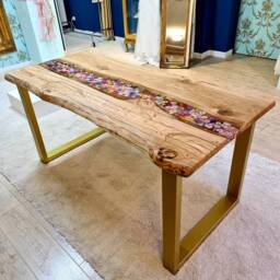 Living Room Dining Table, Floral Design Epoxy Resin River Table Made Of Solid Oak Real Wood According To Customer Specifications - thumbnail 2