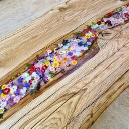Living Room Dining Table, Floral Design Epoxy Resin River Table Made Of Solid Oak Real Wood According To Customer Specifications - thumbnail 3