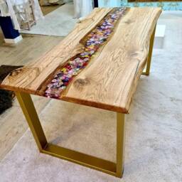 Living Room Dining Table, Floral Design Epoxy Resin River Table Made Of Solid Oak Real Wood According To Customer Specifications - thumbnail 1