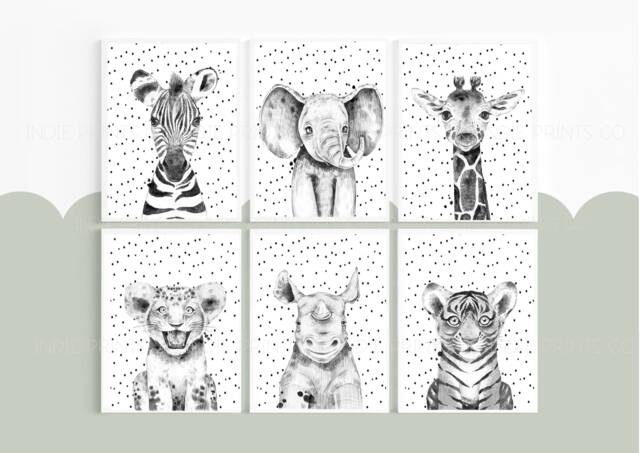 Black & White, Safari Animals, Nursery Prints, Decor, Safari Nursery, Decor, Girls Boys Kids - image 1