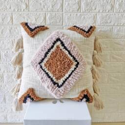 Dusky Pink Brown Multi Color Embroidered Tufted Diamond Raw Cotton 18x18 , 20x20 22x22 24x24 Inches Boho Decorative Throw Cushion Cover - thumbnail 1