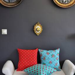 Red Cotton Pillow, Dotted Cushion, Blue Flowers Turquoise Dot Cushions, Child Pillow - thumbnail 3