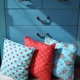 Red Cotton Pillow, Dotted Cushion, Blue Flowers Turquoise Dot Cushions, Child Pillow - thumbnail 2