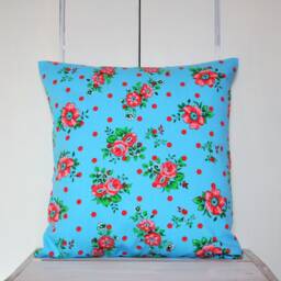 Red Cotton Pillow, Dotted Cushion, Blue Flowers Turquoise Dot Cushions, Child Pillow - thumbnail 4