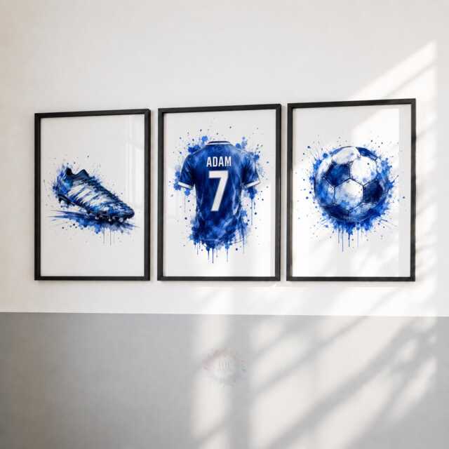 Boys Football Prints - Personalised Kids Bedroom Decor, Soccer Wall Art Set Of 3 - image 1