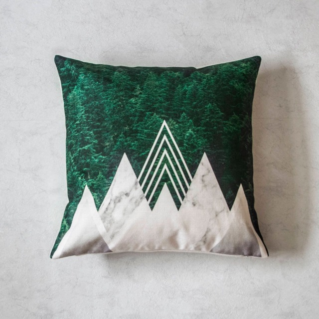 Tree Mountain Linen Pillow Cover Green Forest Cushion - 45x45cm - image 1