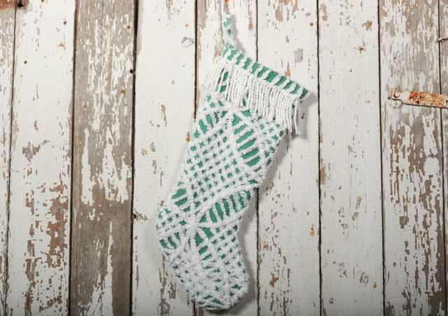 Fluffy Green & White Vintage Chenille Christmas Stocking With Matching Cuff - Wedding Ring, Flower - image 1