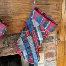 Rustic Wool Patchwork Christmas Stocking, Red Blue Plaid Stripes, Decor, Fireplace Decoration, Lodge - thumbnail 2