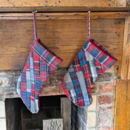 Rustic Wool Patchwork Christmas Stocking, Red Blue Plaid Stripes, Decor, Fireplace Decoration, Lodge - thumbnail 1