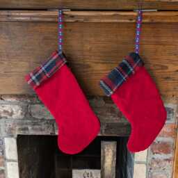 Rustic Wool Patchwork Christmas Stocking, Red Blue Plaid Stripes, Decor, Fireplace Decoration, Lodge - thumbnail 3