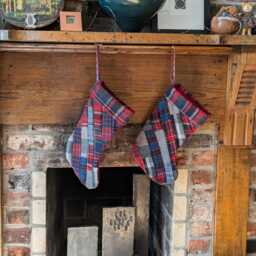 Rustic Wool Patchwork Christmas Stocking, Red Blue Plaid Stripes, Decor, Fireplace Decoration, Lodge - thumbnail 4