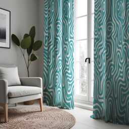 Abstract Wave Design Curtains, Modern Geometric Drapes, Teal & White Window Treatment, Contemporary Home Decor For Living Room Or Bedroom - thumbnail 3