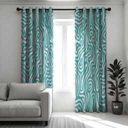 Abstract Wave Design Curtains, Modern Geometric Drapes, Teal & White Window Treatment, Contemporary Home Decor For Living Room Or Bedroom - thumbnail 2