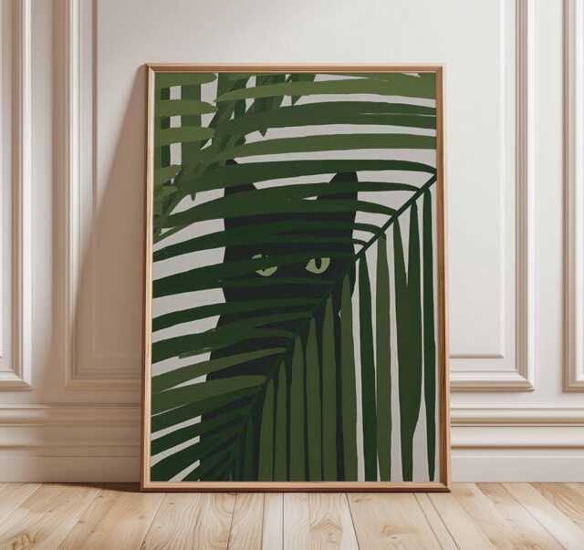 Black Cat Jungle Wall Art - Minimalist Botanical Poster Print Lover Gift Modern Green Plant Decor - image 1
