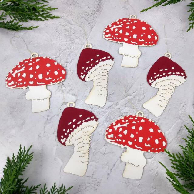 Christmas Mushroom Ornaments Set Of 6, Toadstool Tree Decorations - image 1
