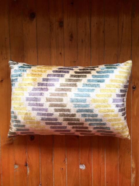 Multi Color Silk Velvet Cushion - Colorful Chevron Ikat Pillow Cover Uzbek Lumbar Cushion - image 1