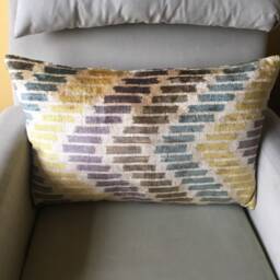 Multi Color Silk Velvet Cushion - Colorful Chevron Ikat Pillow Cover Uzbek Lumbar Cushion - thumbnail 3