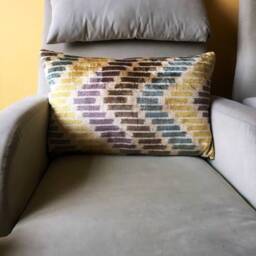Multi Color Silk Velvet Cushion - Colorful Chevron Ikat Pillow Cover Uzbek Lumbar Cushion - thumbnail 2