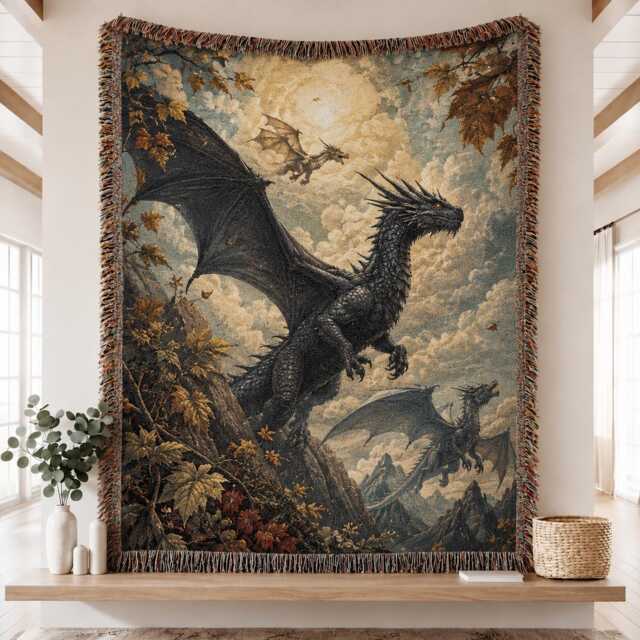 Fourth Wing Iron Flame Blanket, Tairn, Sgaeyl, & Andarna Woven Onyx Storm Riorson House Bookish Throw - image 1