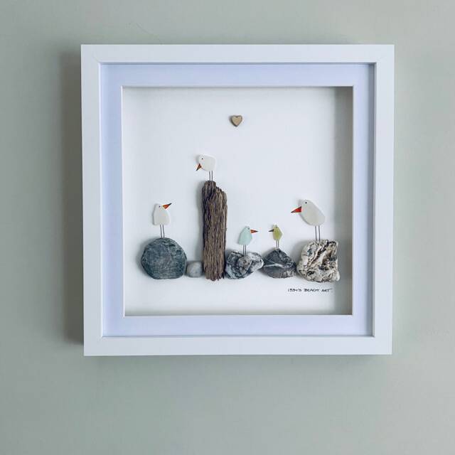 Sea Glass Bird Wall Art - Framed Pebble Picture Family Handmade in Cornwall - image 1