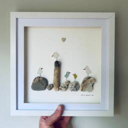 Sea Glass Bird Wall Art - Framed Pebble Picture Family Handmade in Cornwall - thumbnail 3