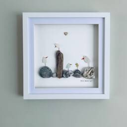 Sea Glass Bird Wall Art - Framed Pebble Picture Family Handmade in Cornwall - thumbnail 1