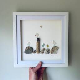 Sea Glass Bird Wall Art - Framed Pebble Picture Family Handmade in Cornwall - thumbnail 2