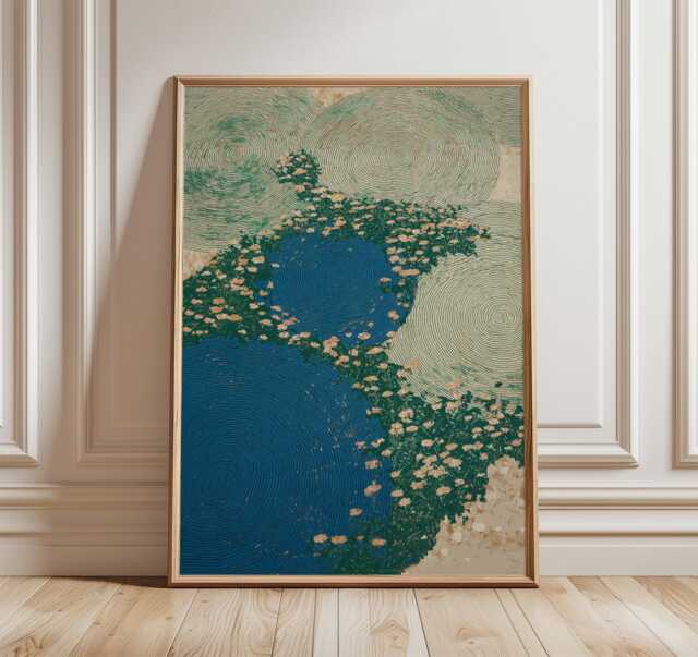 Abstract Floral Poster Blue Green Modern Wall Art Circular Botanical Illustration Print Minimal Nature Home Decor, Japanese - image 1