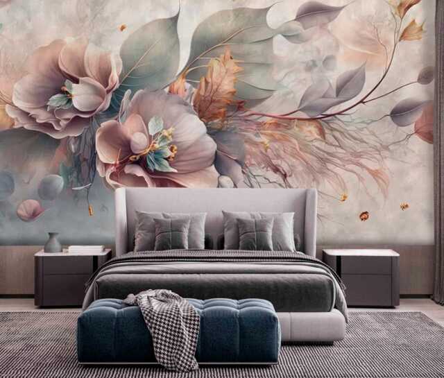 Large Flower Abstract Wall Mural Bedroom Neutral Wallpaper Gray Backdrop Decals Living Room Customizable Removable - image 1