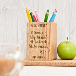Personalised Teacher Oak Pencil Pot - Big Heart