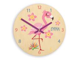 Children Wall Clock - Flamingo With Personalizen Name, Wooden Clock, Flowers, Numbers, Gift, Funny Clock, Kids Girl