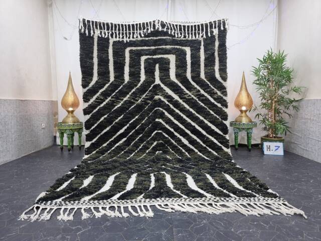 Moroccan Rug, Handcrafted Beni Ourain Rug, Black Shag Grooved Area Wool Berber Carpet, Custom Made Hand Tufted Rug - image 1