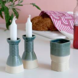 Shabbat Table Set Of Kiddush Cup & Pair Candlesticks - Square Shape Weaving Pattern 3D Printed Clay Beige Emerald