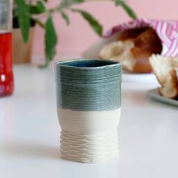 Shabbat Table Set Of Kiddush Cup & Pair Candlesticks - Square Shape Weaving Pattern 3D Printed Clay Beige Emerald - thumbnail 3