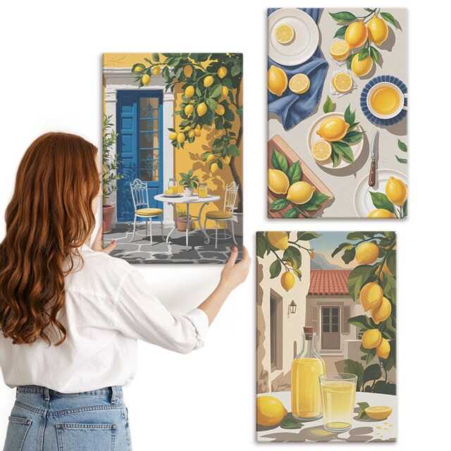 Canvas Set Of 3 - Lemon Garden With Lemons & Drinks On The Table, Yellow Wall Art, Food Decor - image 1