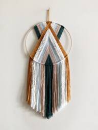Yarn Hoop Wall Hanging Pink, Blue, Mustard Boho Decor - thumbnail 1