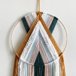 Yarn Hoop Wall Hanging Pink, Blue, Mustard Boho Decor - thumbnail 2