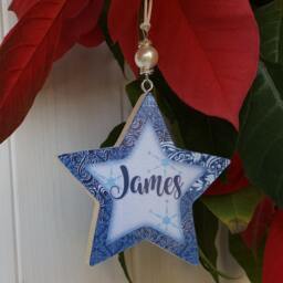 Personalised/Christmas Hanging Star Decoration, Pine Wood Handcrafted Tree Hangers, Decoupage Name With Bead Detail - thumbnail 3