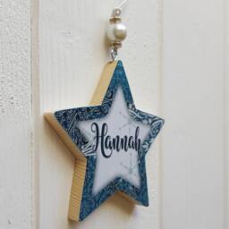 Personalised/Christmas Hanging Star Decoration, Pine Wood Handcrafted Tree Hangers, Decoupage Name With Bead Detail - thumbnail 2