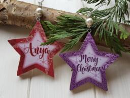 Personalised/Christmas Hanging Star Decoration, Pine Wood Handcrafted Tree Hangers, Decoupage Name With Bead Detail - thumbnail 1