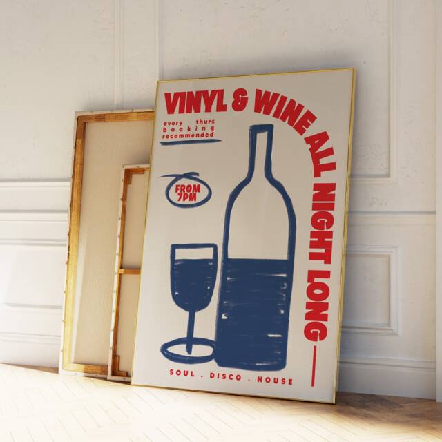 Wine & Vinyl Poster - Print Music Wall Art Decor Food Kitchen Illustration Record Retro Funky Bar - image 1