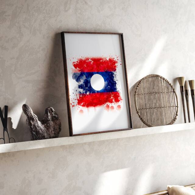 Laos Watercolor Flag Wall Art Print - Travel Poster