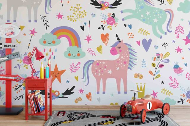 3D Unicorn Wallpaper, Rainbow Wall Mural, Kids Room Decor, Peel & Stick - image 1