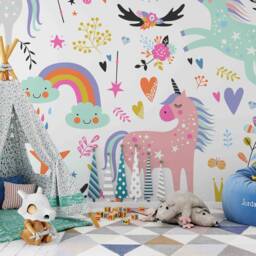 3D Unicorn Wallpaper, Rainbow Wall Mural, Kids Room Decor, Peel & Stick - thumbnail 2