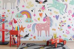 3D Unicorn Wallpaper, Rainbow Wall Mural, Kids Room Decor, Peel & Stick - thumbnail 1