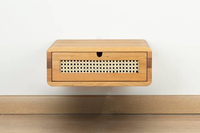Floating Nightstand With Rattan Drawer in Solid Oak - Natural Bedroom - image 1
